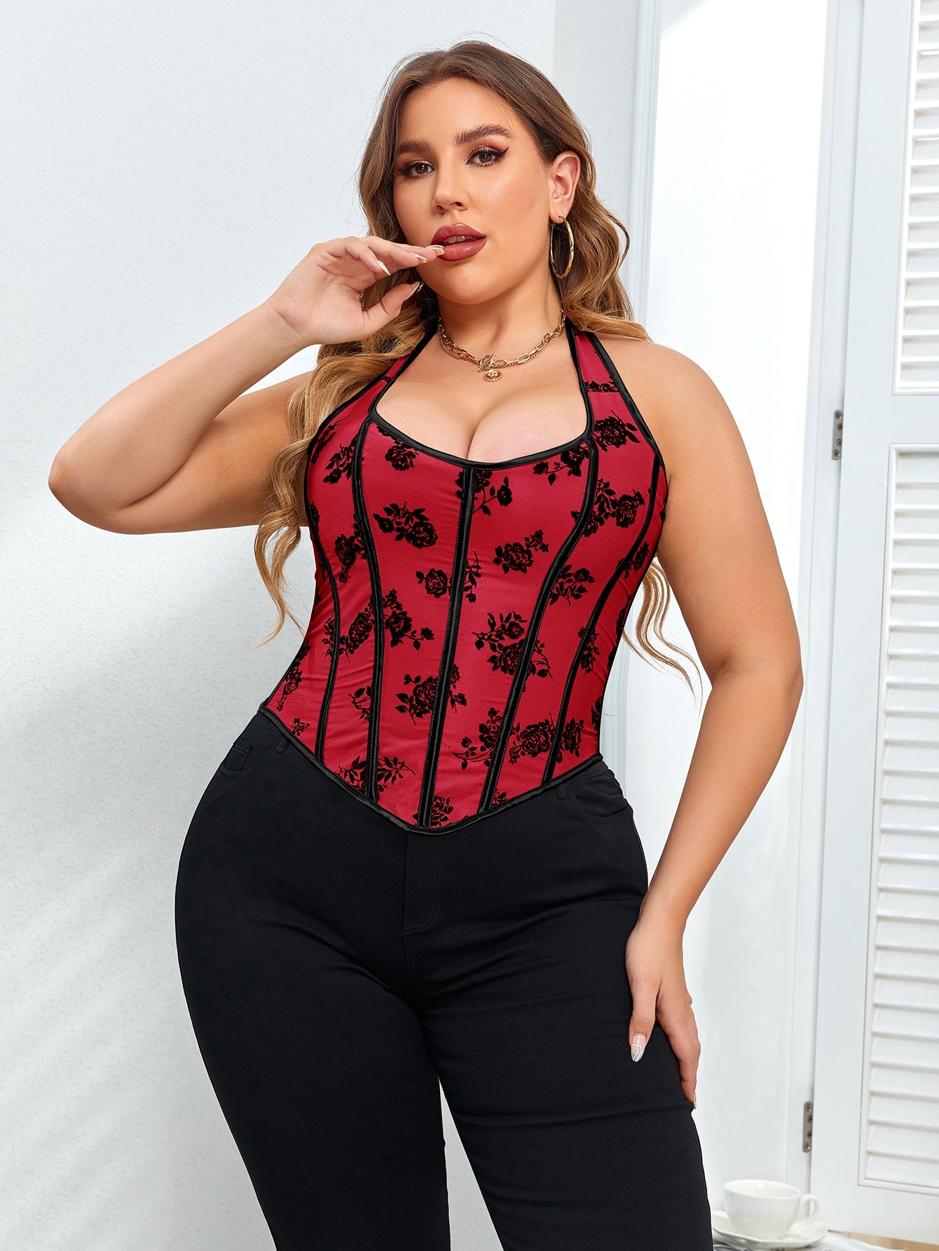 Women's Red Cotton Blend Casual T-Shirt Blouse with Round Neck