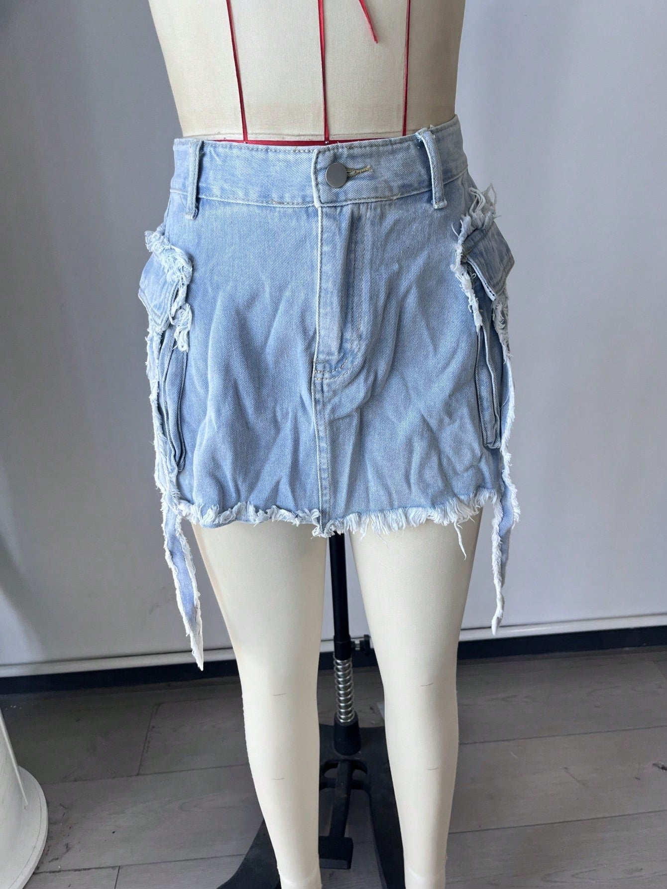 Women's Blue White Denim Mini Skirt with Front Slit
