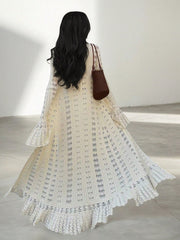 Women's Elegant White Pointelle Knit Maxi Cardigan with Ruffle Hem
