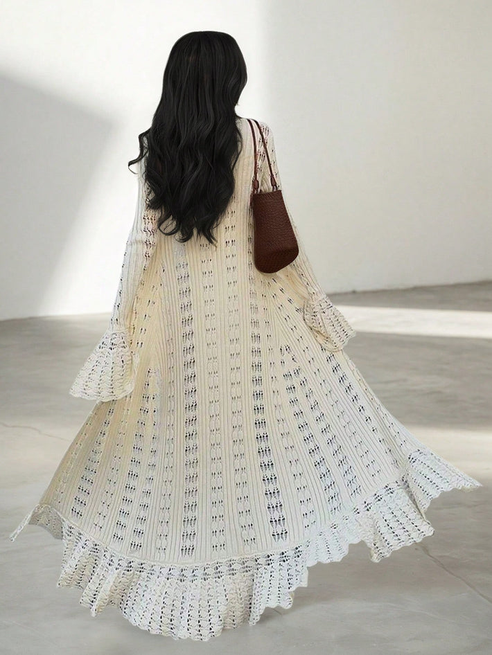 Women's Elegant White Pointelle Knit Maxi Cardigan with Ruffle Hem