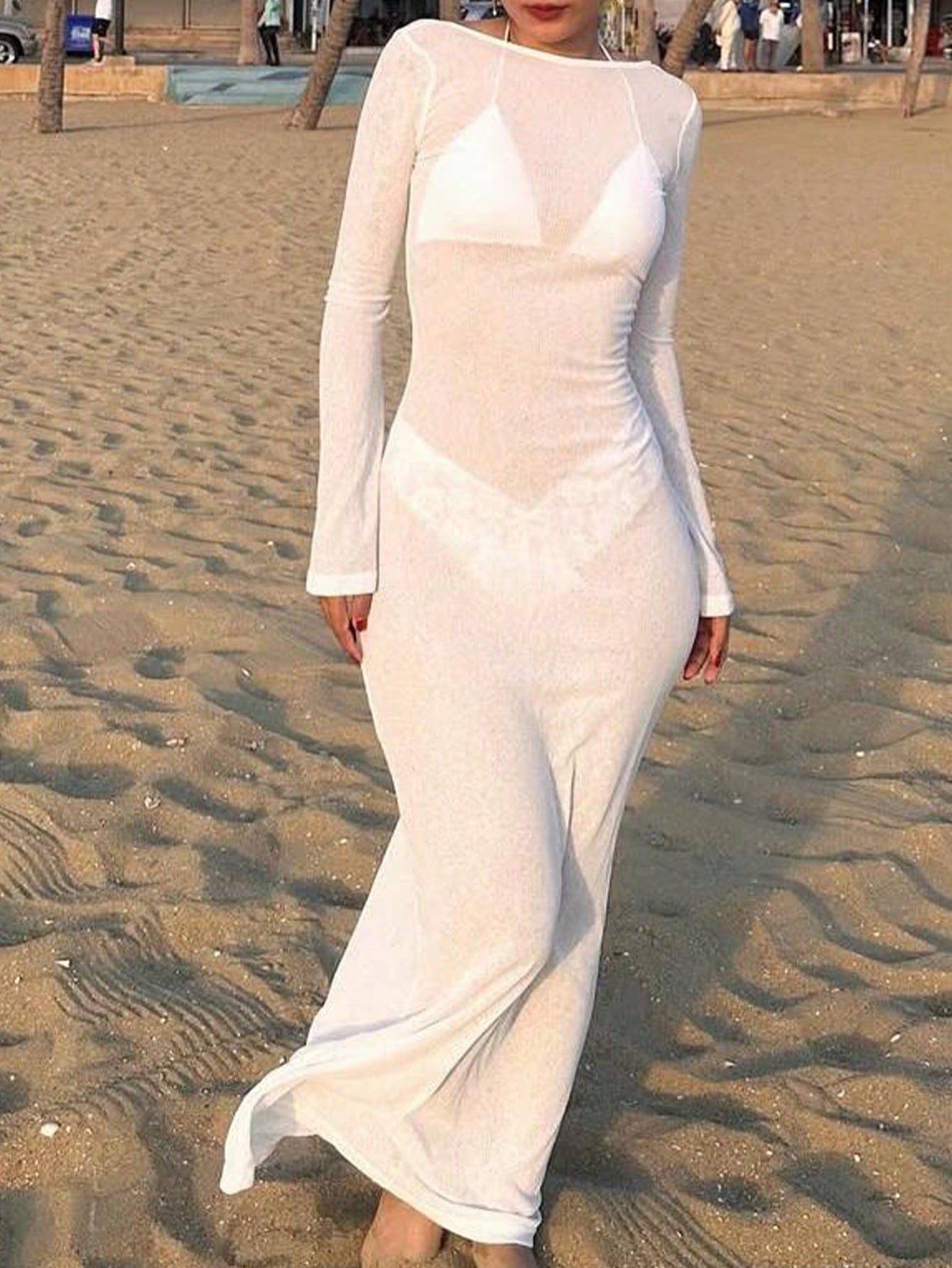 Women's Elegant White Long-Sleeve Maxi Dress - Slim-Fit Casual & Vacation Style Floor-Length Dress