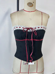 Women's Lace-Up Bustier Corset Top with Contrast Lace and Ribbon