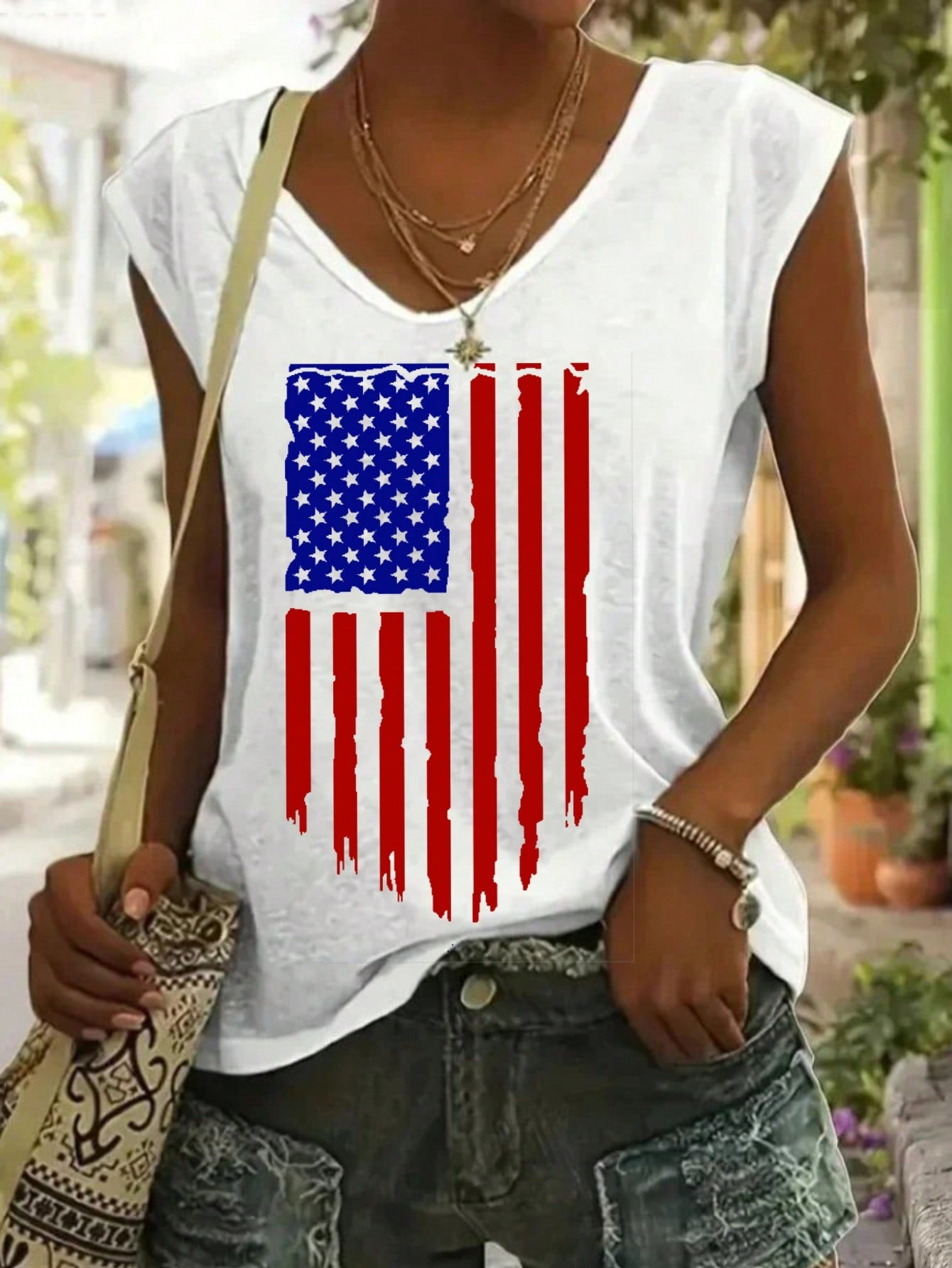 Women's American Flag Graphic V-Neck Short-Sleeve T-Shirt/Vest - Patriotic Casual & Daily Wear Top