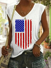 Women's American Flag Graphic V-Neck Short-Sleeve T-Shirt/Vest - Patriotic Casual & Daily Wear Top