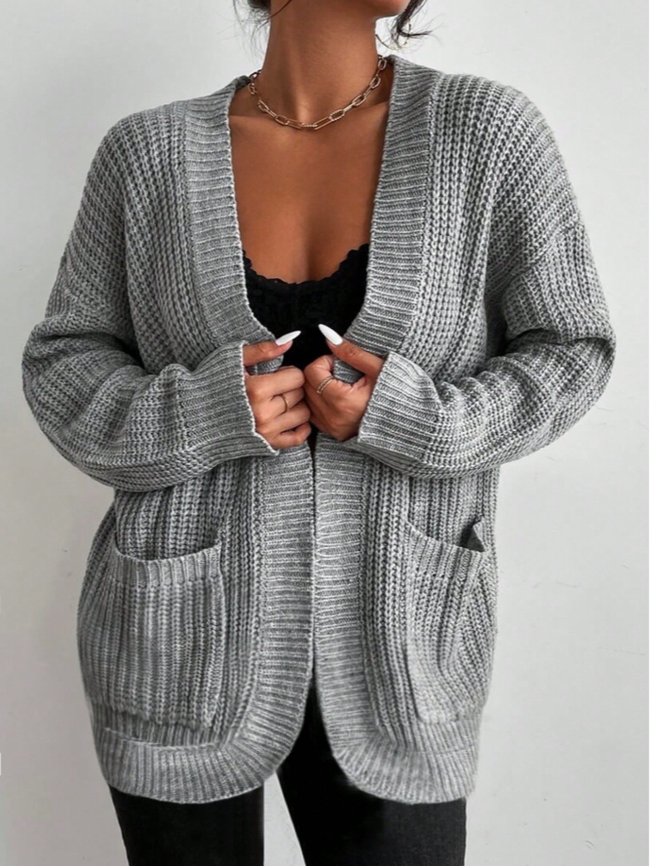 Women's Grey Chunky Knit Cardigan, Oversized Open-Front Sweater Cardigan with Patch Pockets