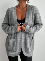 Women's Grey Chunky Knit Cardigan, Oversized Open-Front Sweater Cardigan with Patch Pockets