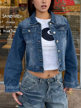Women's Blue Cotton-Blend Cropped Denim Jacket with Button-Down Front