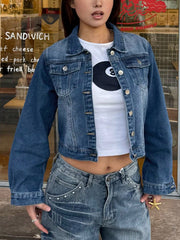 Women's Blue Cotton-Blend Cropped Denim Jacket with Button-Down Front