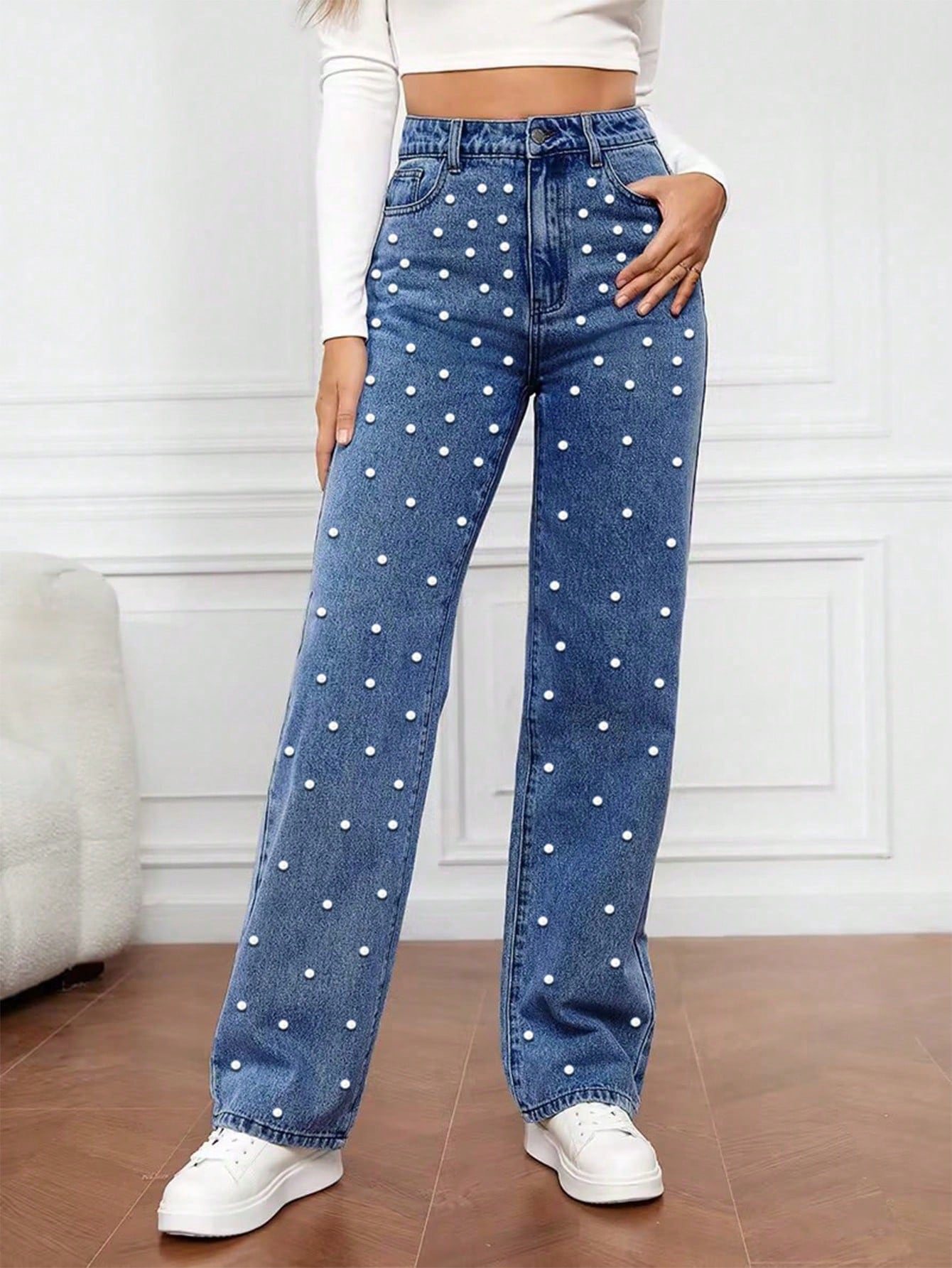 Women's Blue Viscose Blend High-Waisted Pearl Embellished Wide-Leg Denim Jeans
