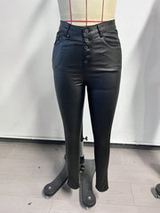 Women's Black Polyester Full-length Pants with Wide-leg