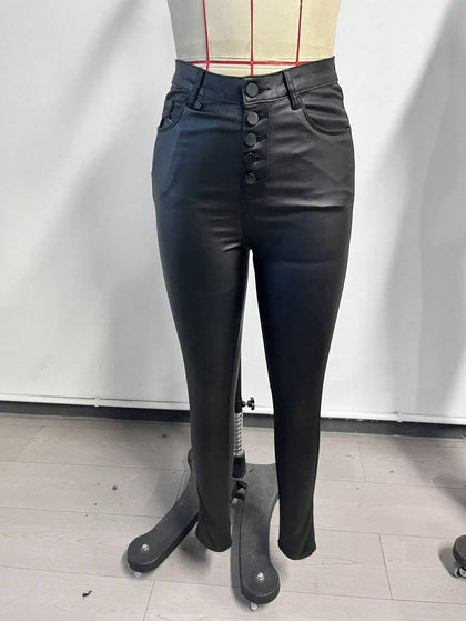 Women's Black Polyester Full-length Pants with Wide-leg