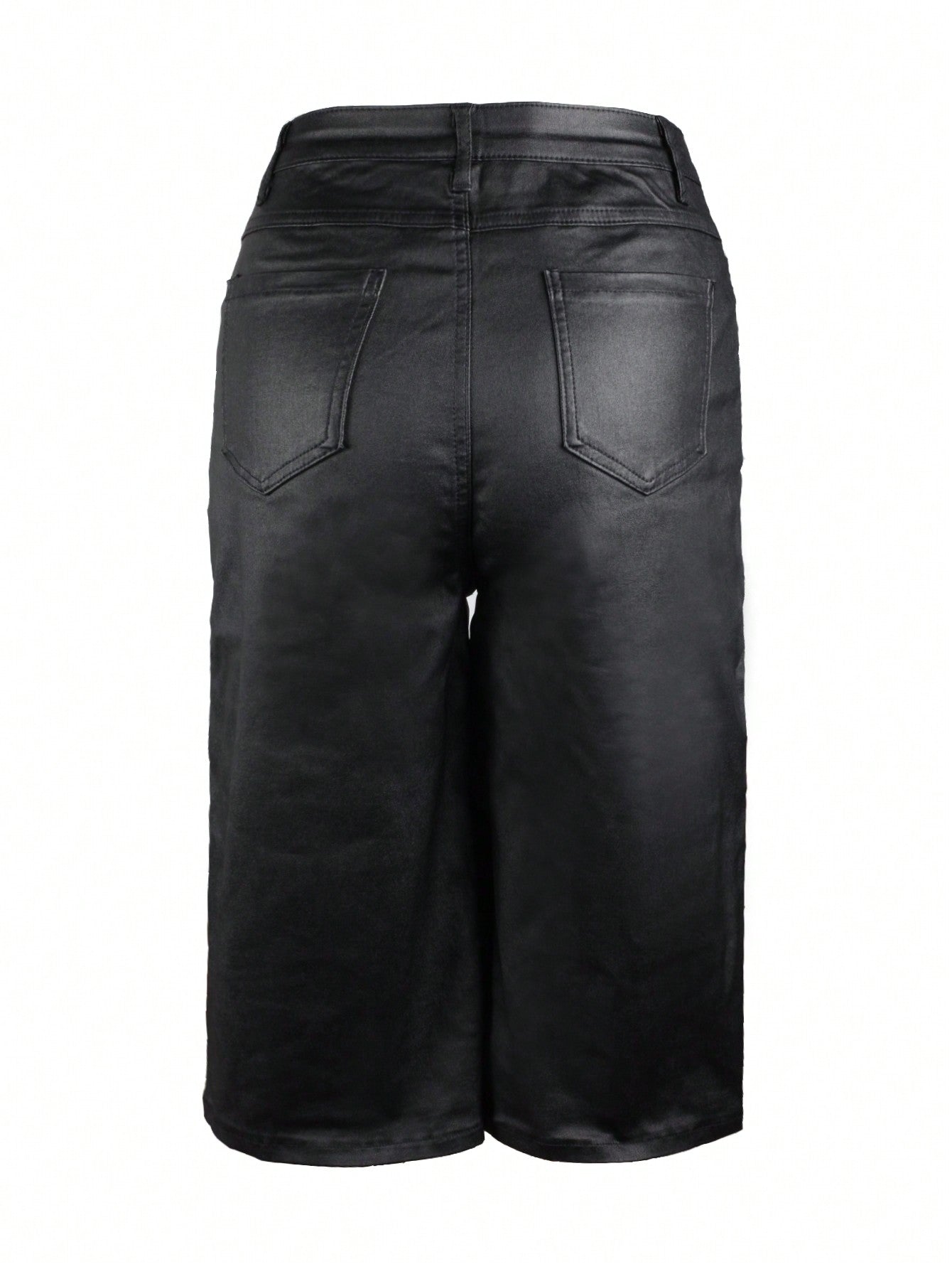 Black High Waist Coated Denim Knee Length Bermuda Shorts