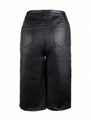 Black High Waist Coated Denim Knee Length Bermuda Shorts