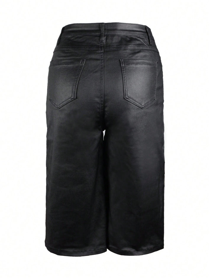 Black High Waist Coated Denim Knee Length Bermuda Shorts