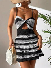 Women's Crochet Knit Cami Mini Dress Striped Hollow Out Beachwear