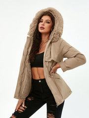 Women's Warm Khaki Fur Hooded Puffer Jacket Winter Parka Coat