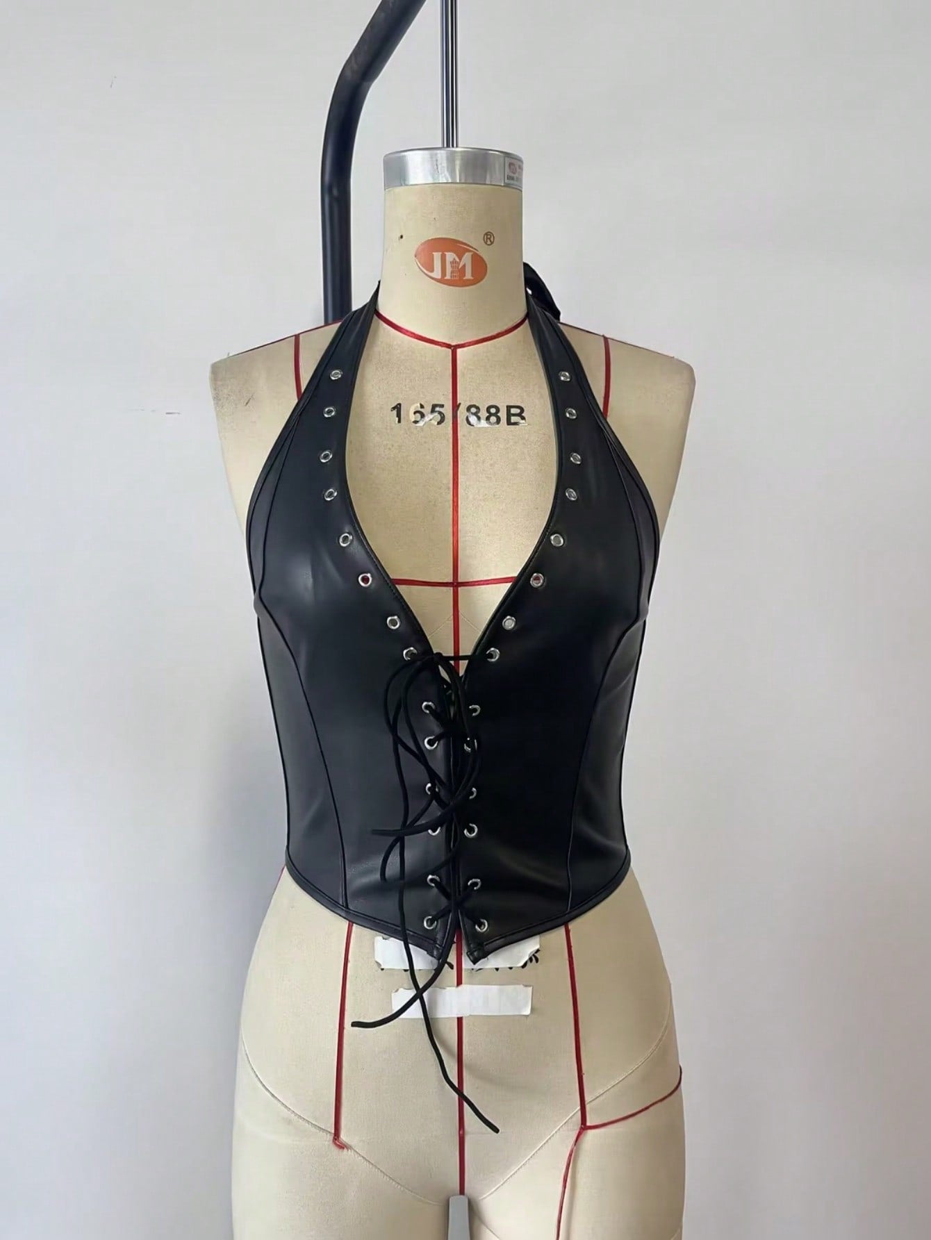 Women's Black PU Leather Halter Neck Lace-Up Corset Top