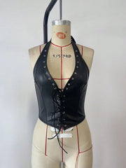 Women's Black PU Leather Halter Neck Lace-Up Corset Top