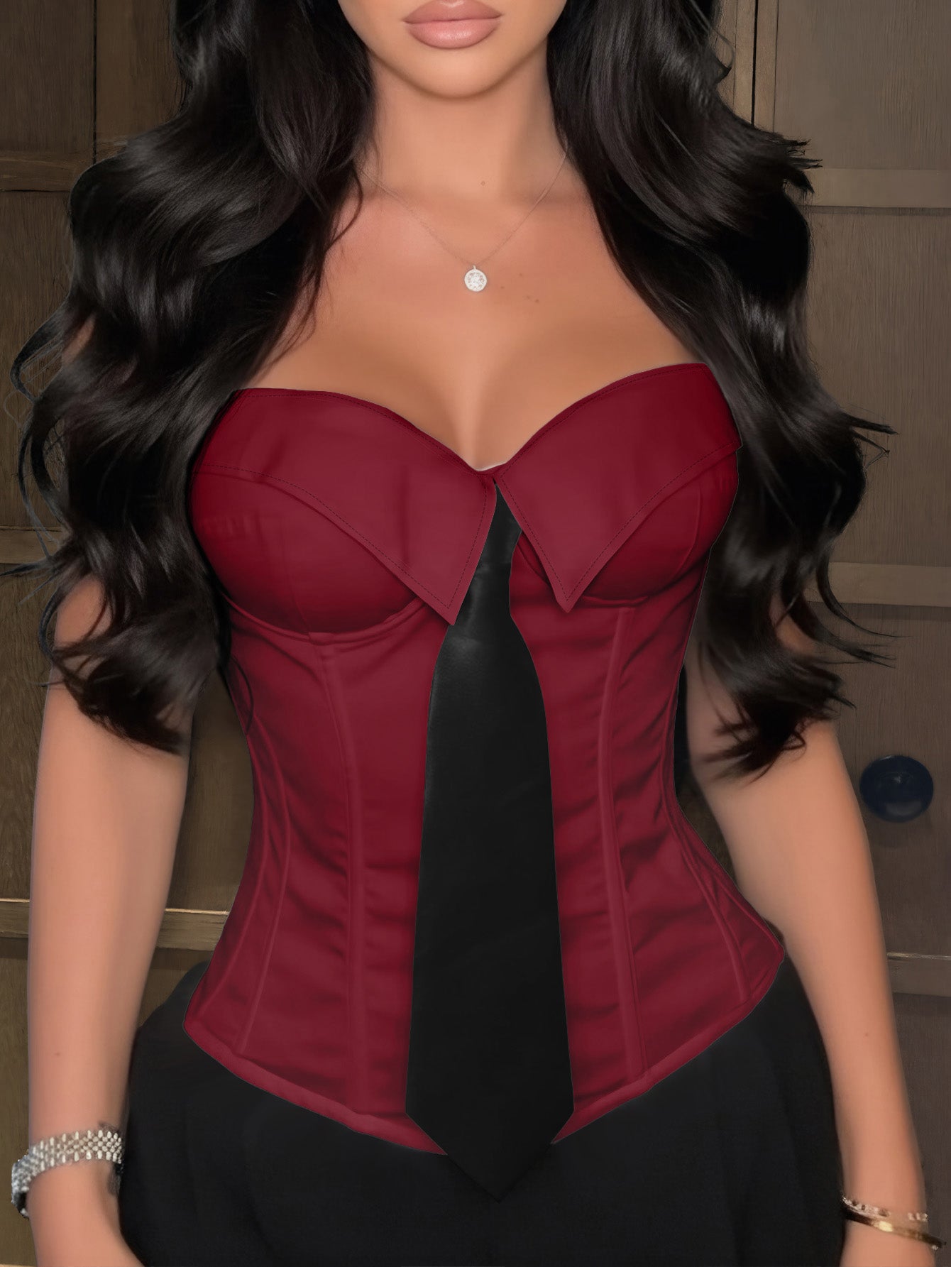 Women's Wine Red Faux Leather Bustier corset top with strapless