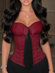 Women's Wine Red Faux Leather Bustier corset top with strapless
