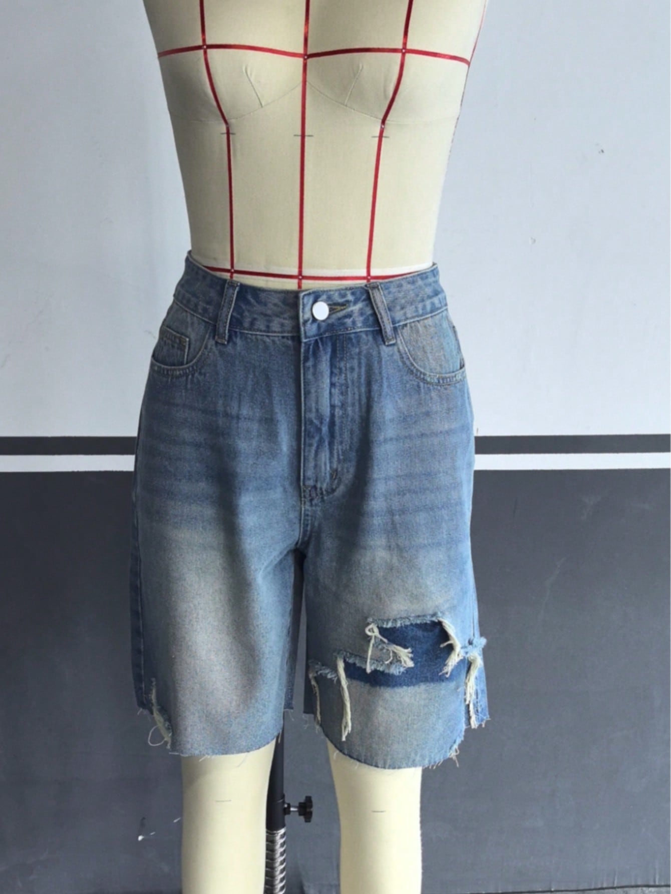 Women's Blue High-Waist Distressed Raw Hem Denim Bermuda Shorts