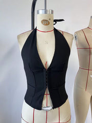 Women's Black Halter Neck Hook-Front Paneled Corset Top