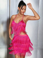 Women's Sexy Rose Red Fringe Halter Mini Dress with Tassels and Cutouts
