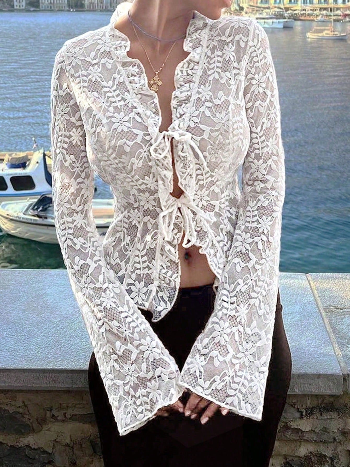 Women's Women Sexy White Lace Tie Front Cardigan Long Sleeve Flare Top