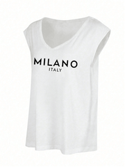 Women's Women Sleeveless Milano Italy Graphic Tank Top Casual White Print Tee