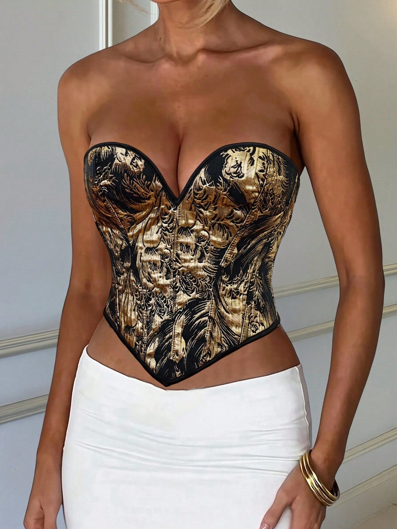 Women's Luxury Women's Gold Brocade Strapless Corset Top Vintage Bustier