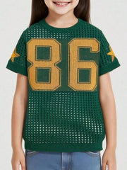 Women's Kids Girls Green Crochet Knit T-Shirt Number 86 Print Short Sleeve Top