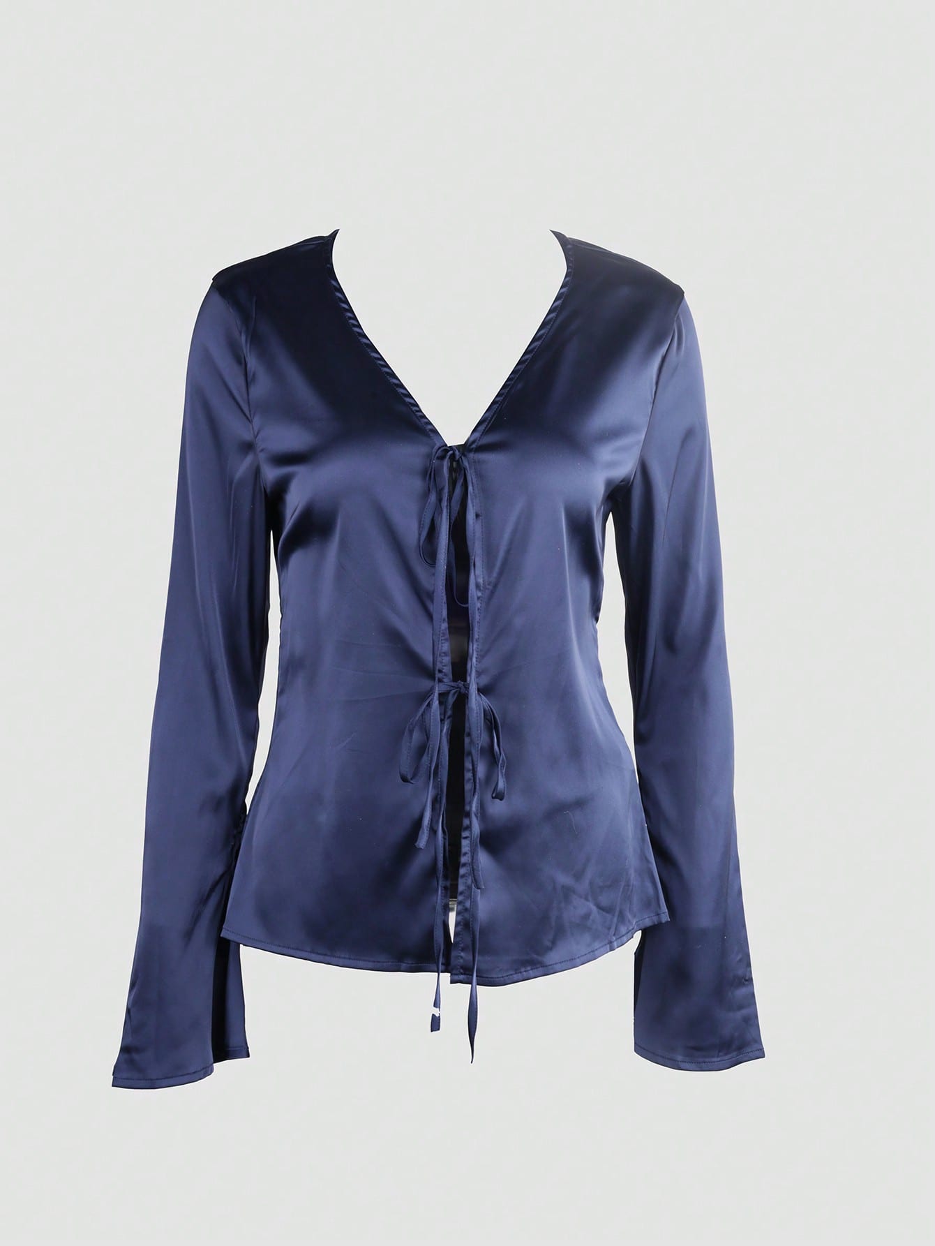 Women's Navy Blue Satin Tie-Front V-Neck Top with Long Sleeves
