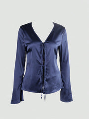 Women's Navy Blue Satin Tie-Front V-Neck Top with Long Sleeves
