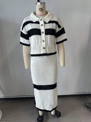 Women's Black White Knit Two-Piece Set with Crop Top and Mini Skirt