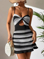 Women's Black & White Striped Knitted Sweater Dress - Sleeveless Cutout Spaghetti Strap Mini Dress, Chic & Cozy Casual Wear