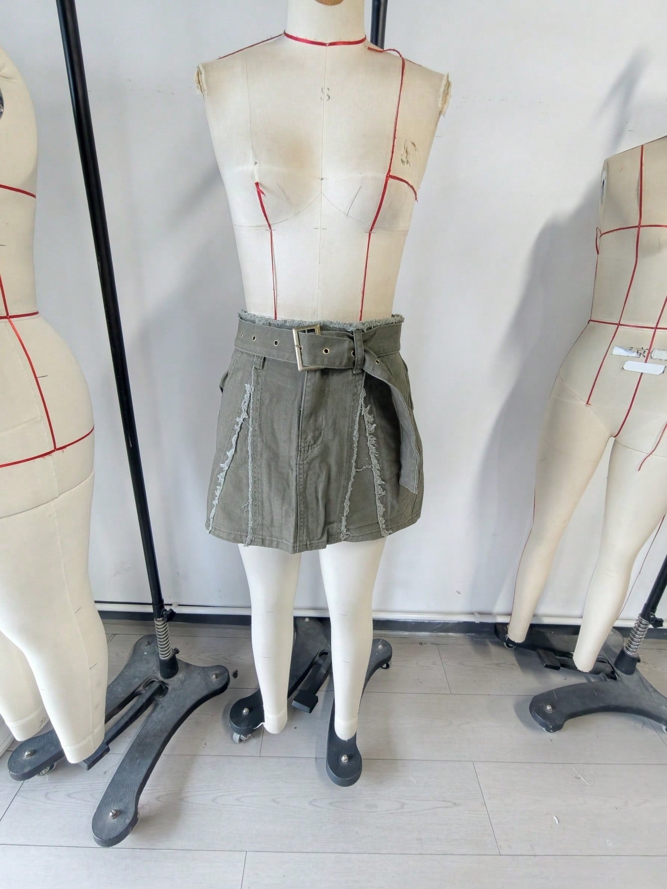 Women's Army Green Denim Mini Skirt with Front Slit