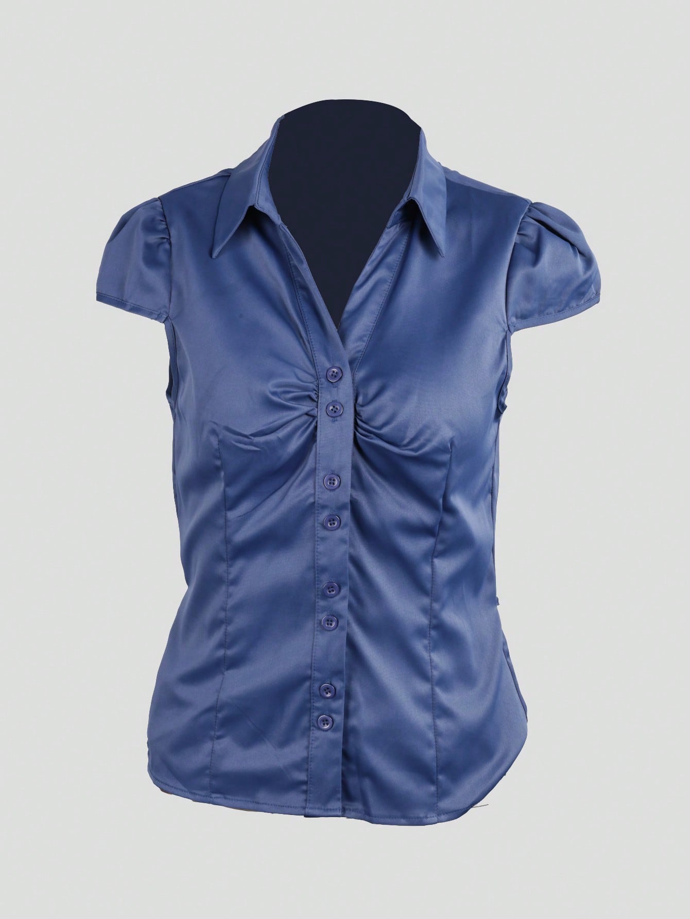 Women's Women Navy Blue Satin Short Sleeve Blouse with Pleated Detail