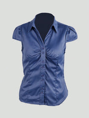 Women's Women Navy Blue Satin Short Sleeve Blouse with Pleated Detail