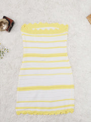 Women's Strapless Knit Bodycon Mini Dress Striped Scalloped Edge