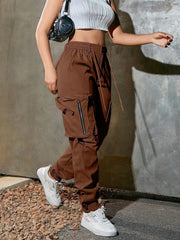 Women's Brown Cargo Pocket Drawstring Jogger Pants