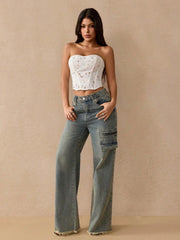 Women's Blue Denim Cotton Blend High Waisted Multi-Pocket Wide Leg Cargo Jeans