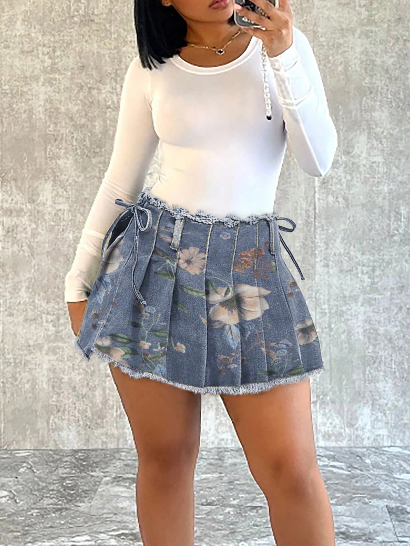 Women's Printed Denim Denim Mini skirt with A-line