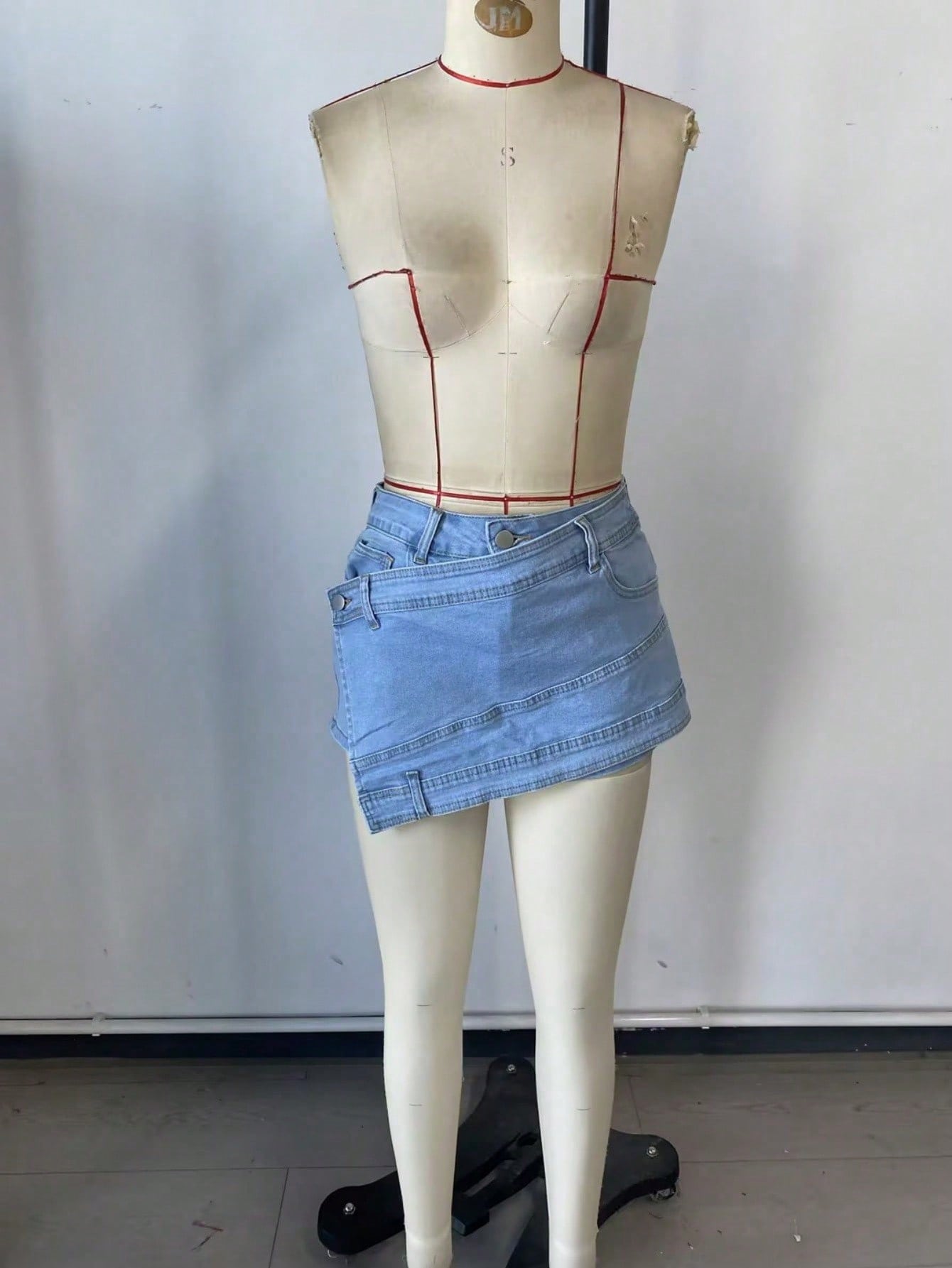 Women's Light Blue Double Waistband Asymmetric Denim Skort
