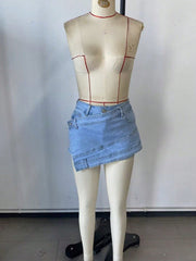 Women's Light Blue Double Waistband Asymmetric Denim Skort