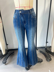 Women's Dark Blue High-Waist Flare Bell-Bottom Denim Jeans