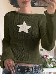 Women's Olive Green Knitted Sweater with White Star Detail, Casual Chic Cropped Pullover
