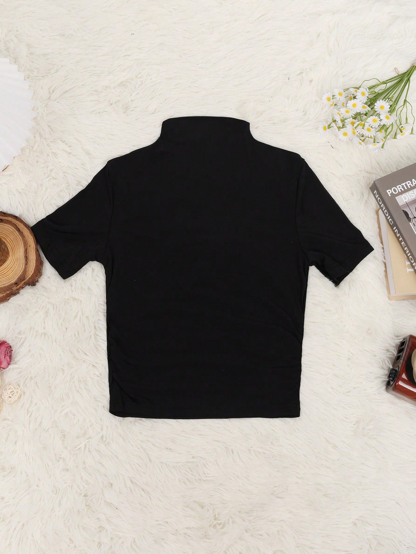 Women's Women Black Short Sleeve Mock Neck Top Slim Fit Casual Tee