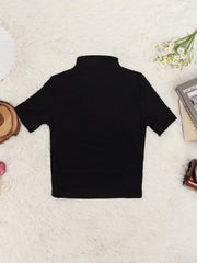 Women's Women Black Short Sleeve Mock Neck Top Slim Fit Casual Tee