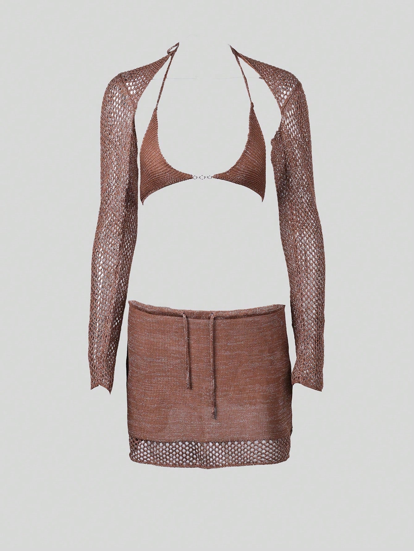 Women's Brown Knit Two-Piece Set with Crop Top and Mini Skirt
