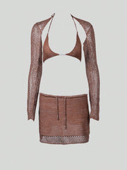 Women's Brown Knit Two-Piece Set with Crop Top and Mini Skirt